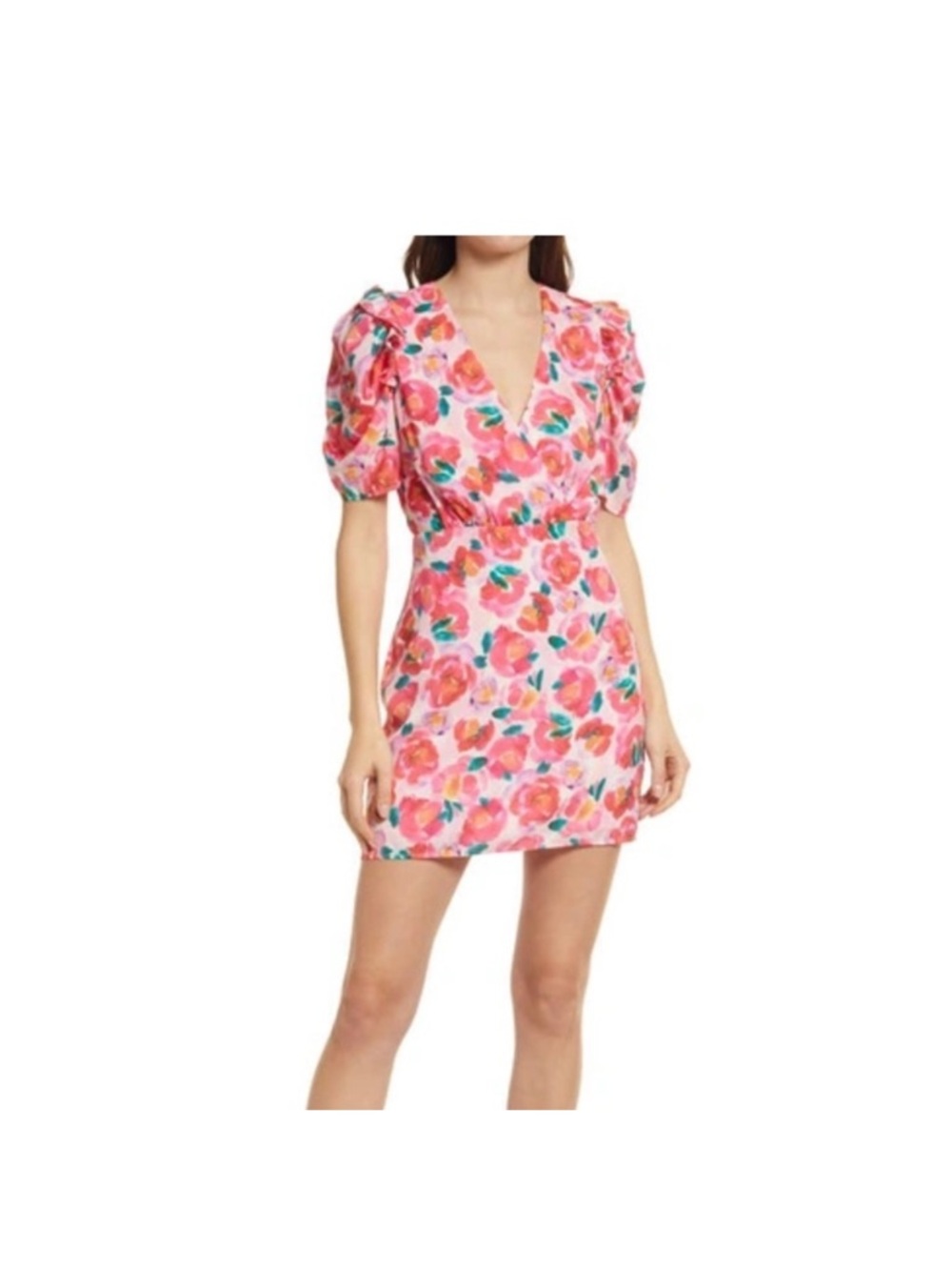 Adelyn Rae Pink Floral Puff-Sleeve Mini Dress